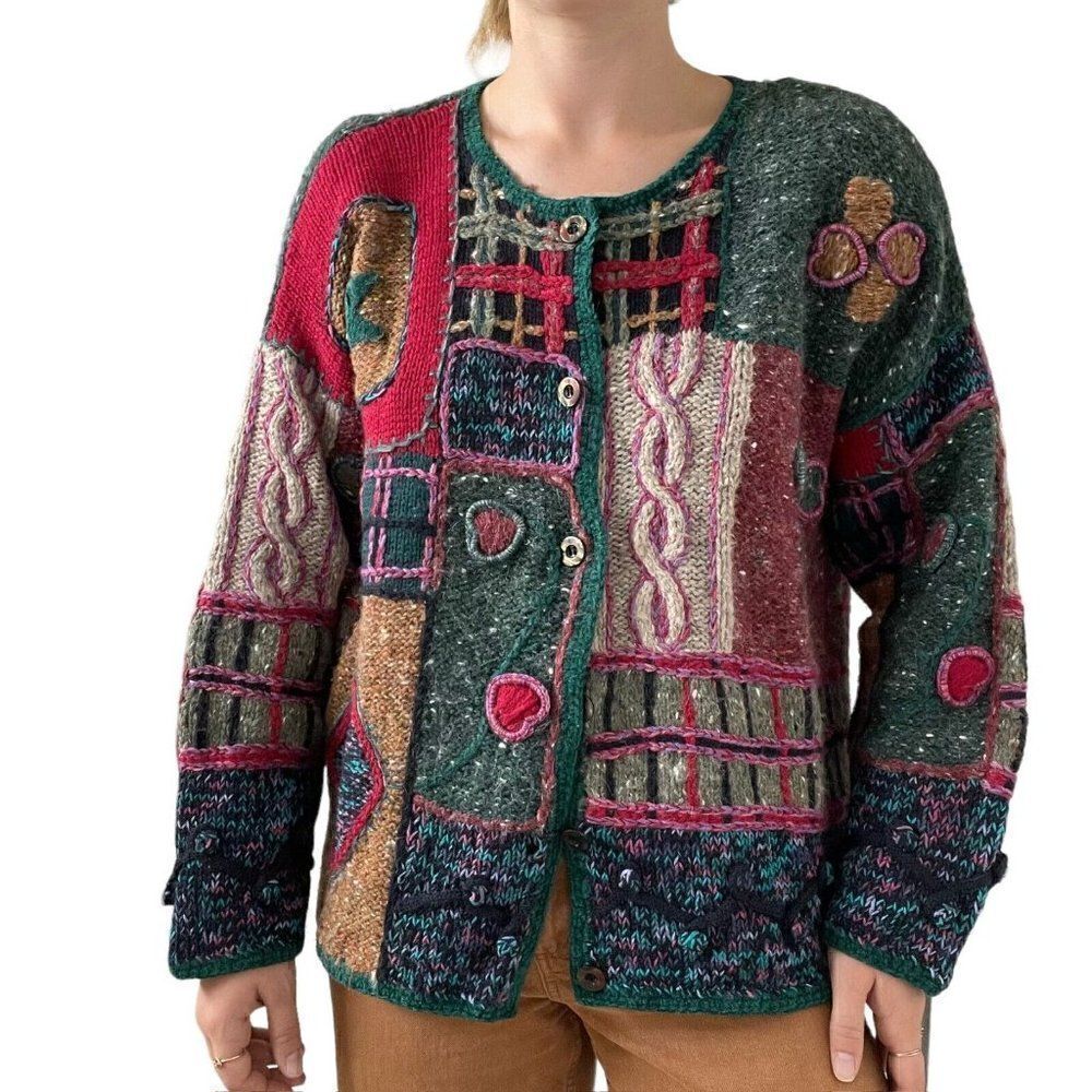 Vintage 90s Womens Express Hand Knit Ugly Sweater Wool Blend Cardigan Sz S